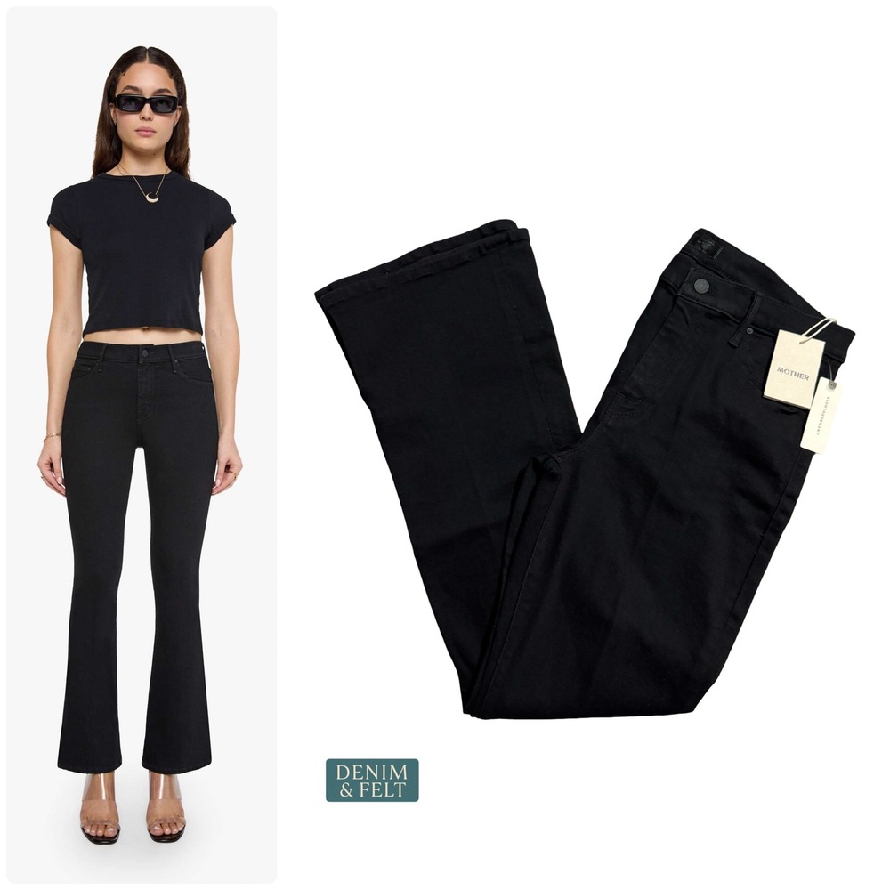 MOTHER The Weekender Fray Flare Jeans Nighty Night Black Mid Rise 32 NEW